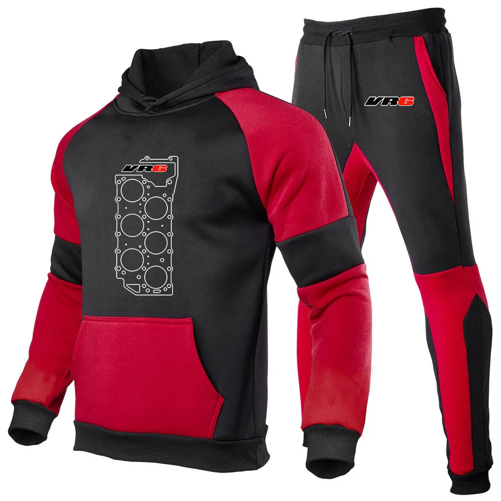 VR6 Engine Gasket LOGO Logo Print 2026 Spring And Autumn Men's New Style Patchwork Pocket Hoodies Drawstring Pants Suits