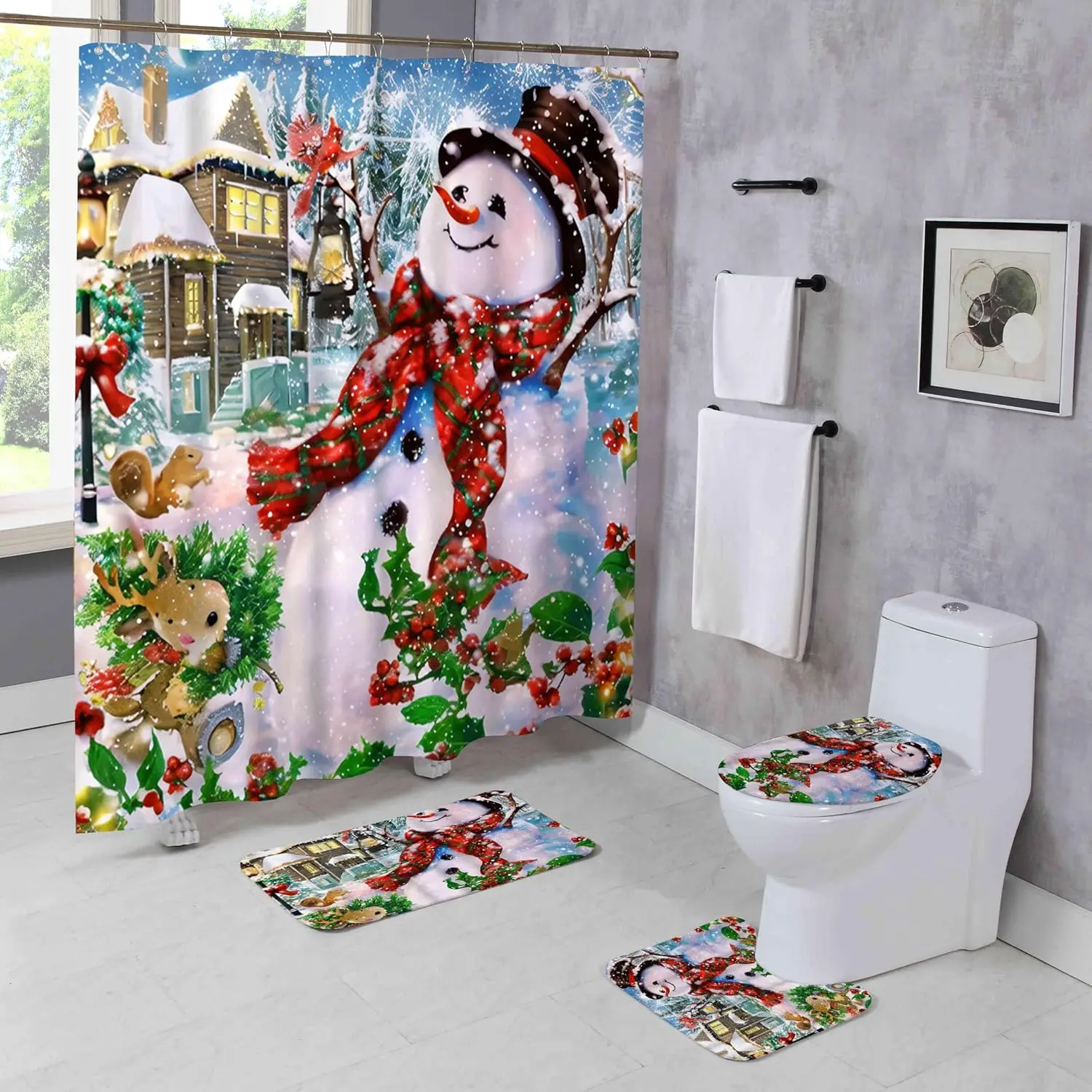 

4 Pcs Winter Merry Christmas Shower Curtain Sets with Rugs Snowman Bathroom Set Home Bath Bathtub Decor Xmas Tree Durable