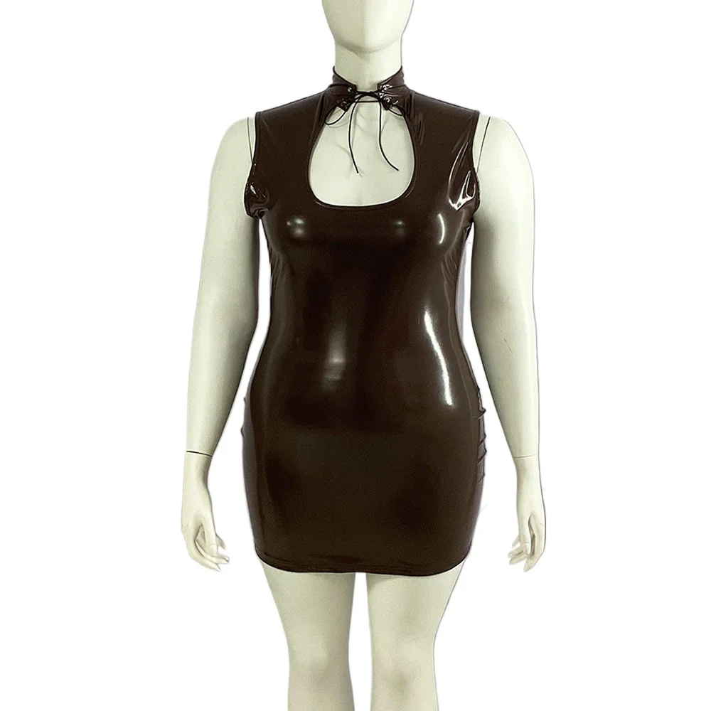 Women's Sleeveless Bodycon Dress, High Neck,Lace-up,Slim Fit,Gothic,Hollow Out,Sexy, Party, Club, Fetish, PVC Dresses, Plus Size