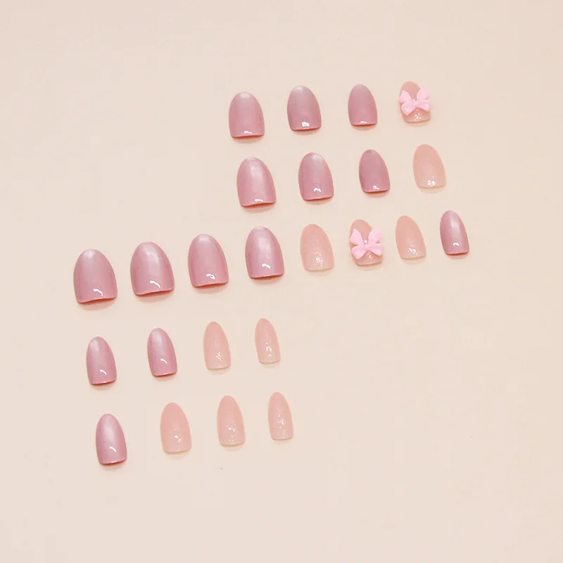 24pcs Korean Sweet False Nails Pink Bow Design Glossy Press on Nails Wearable Detachable Almond Fake Nail Tips For Girls Lady