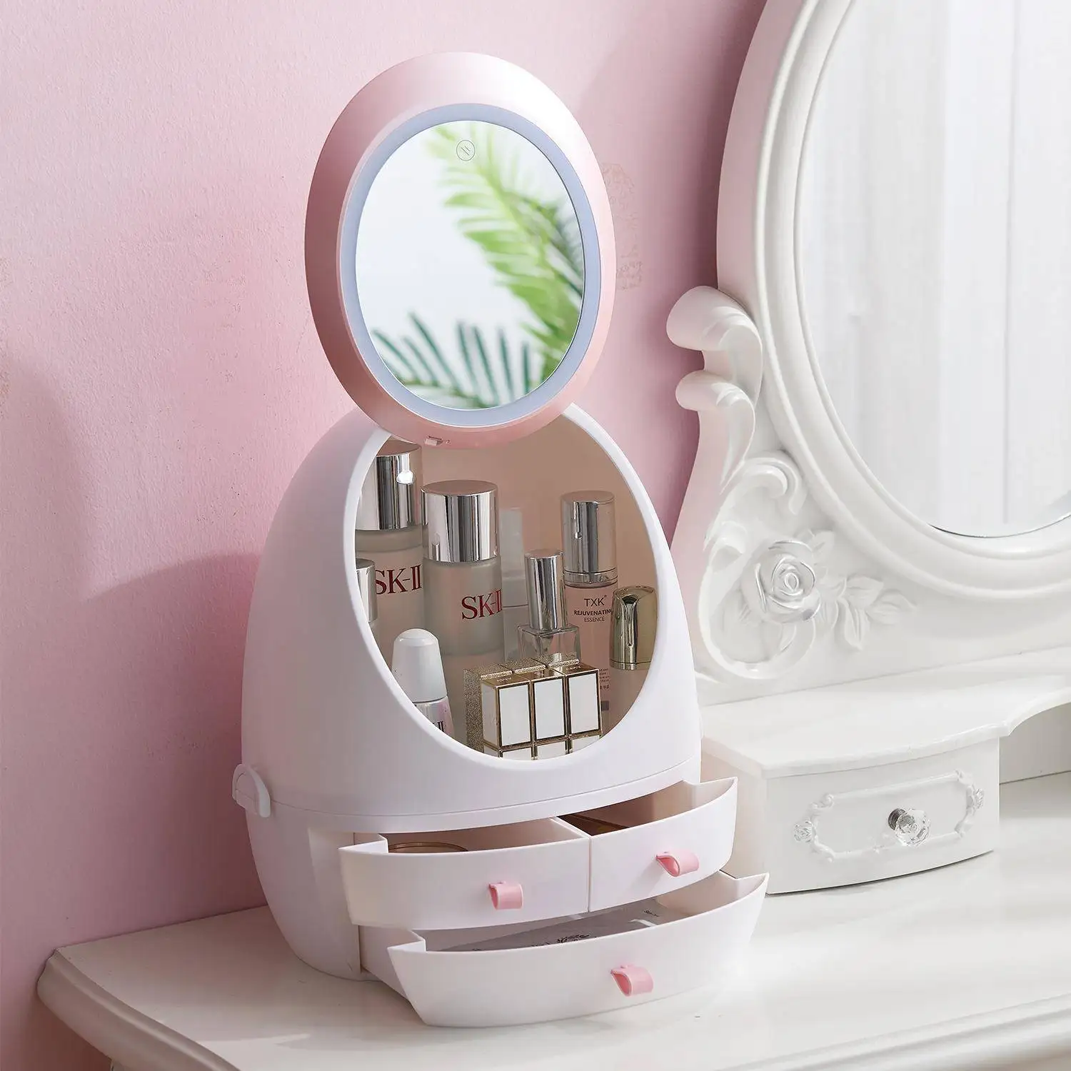 Portable Drawer Type Cosmetic Storage Box with LE Light Mirror Dustproof Skin Care Product Organizer Box Egg Shape Simple Design