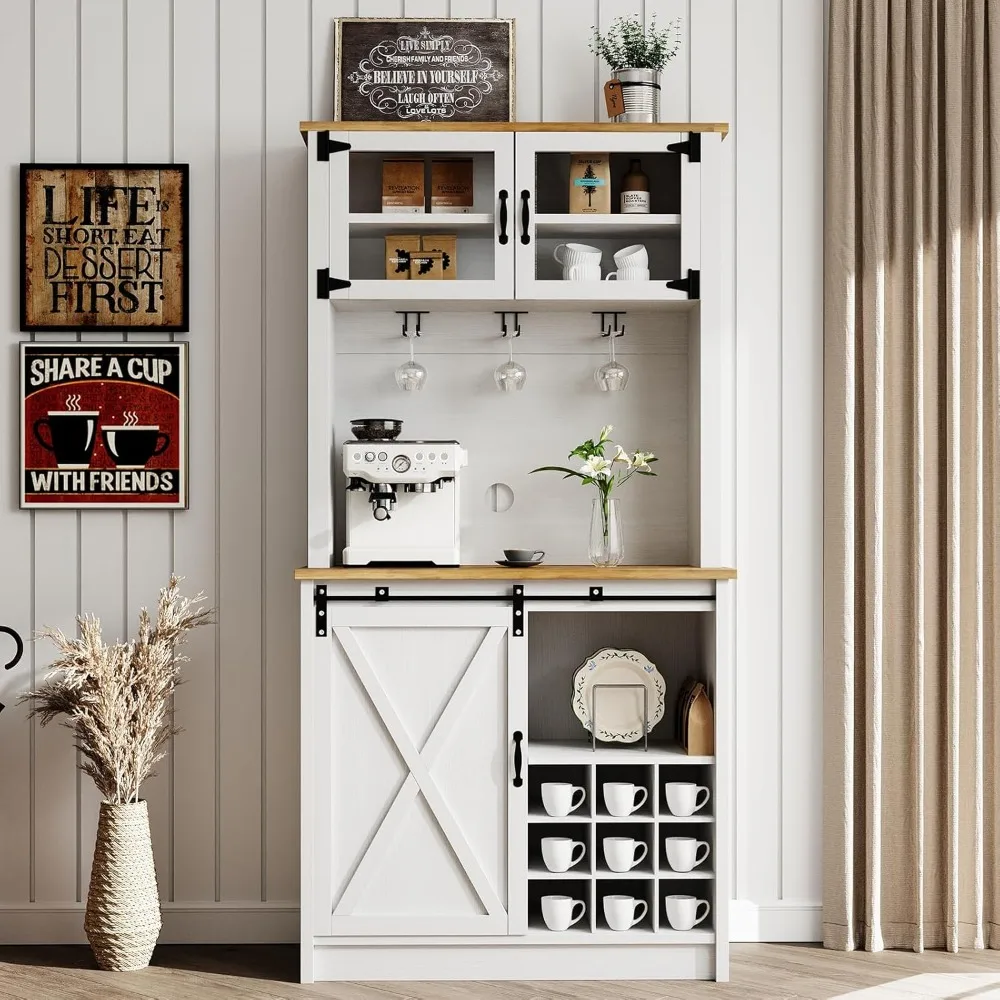 72 Inch Farmhouse Style Coffee Bar Cabinet with Sliding Barn Door and Ample Storage for Kitchen Buffet