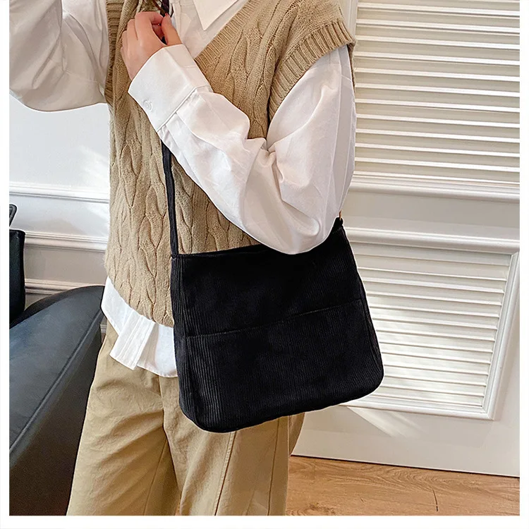 Simple Solid Color Corduroy Shoulder Bags for Women Large Capacity Multi-Pocket Casual Tote Student Female Crossbody Bag Handbag