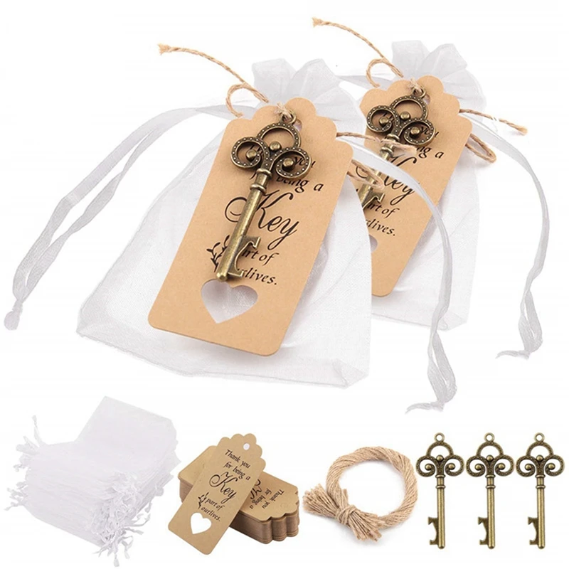 150Pcs Rustic Vintage Skeleton Key Bottle Opener With Tag Cards Sheer Bag For Guests Wedding Party Favors Souvenir Gifts