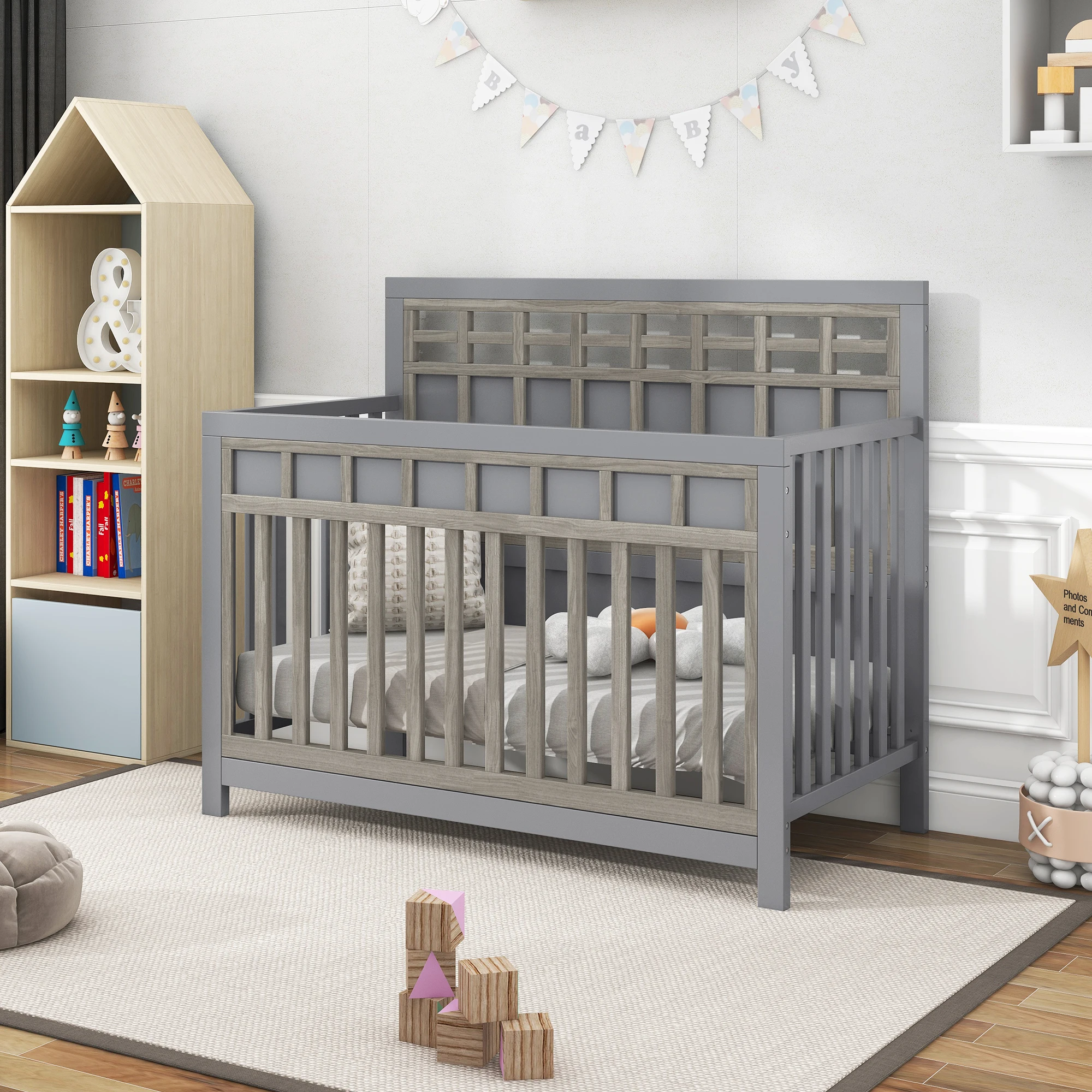 

Certified Baby Safe Crib, Pine Solid Wood, Non-Toxic Finish, Gray