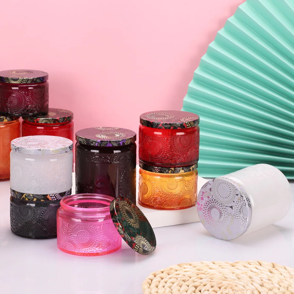 120ml&250ml round shape colourful carving glass candle cup&candle jar&candle holder&candle stick with tin cap for DIY decoration