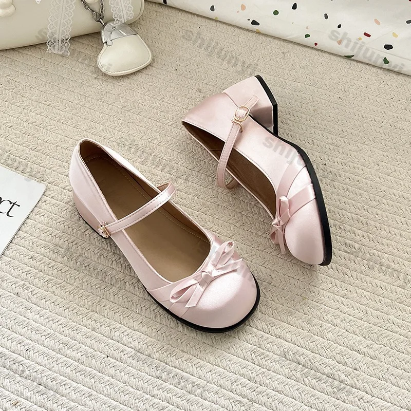 

Women High Heels 2026 New Summer Round Toe Bow-knot Mary Jane Shoes Match Dress Non Slip Comfortable Medium Heel Pumps