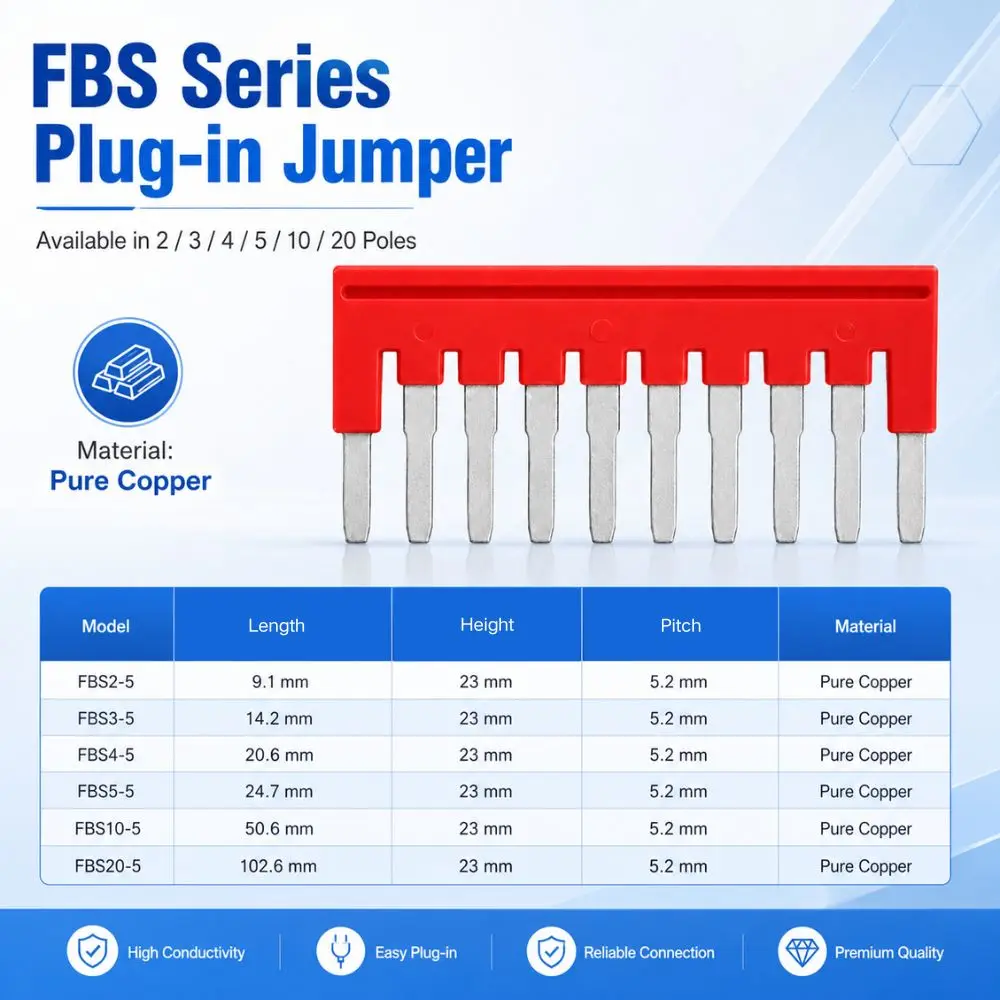 100pcs Straight in Spring Terminal Block FBS2/3/4/5/10/20-5 24A 5.2mm Jumper Bar Central Assembly Shorting Bar Connector