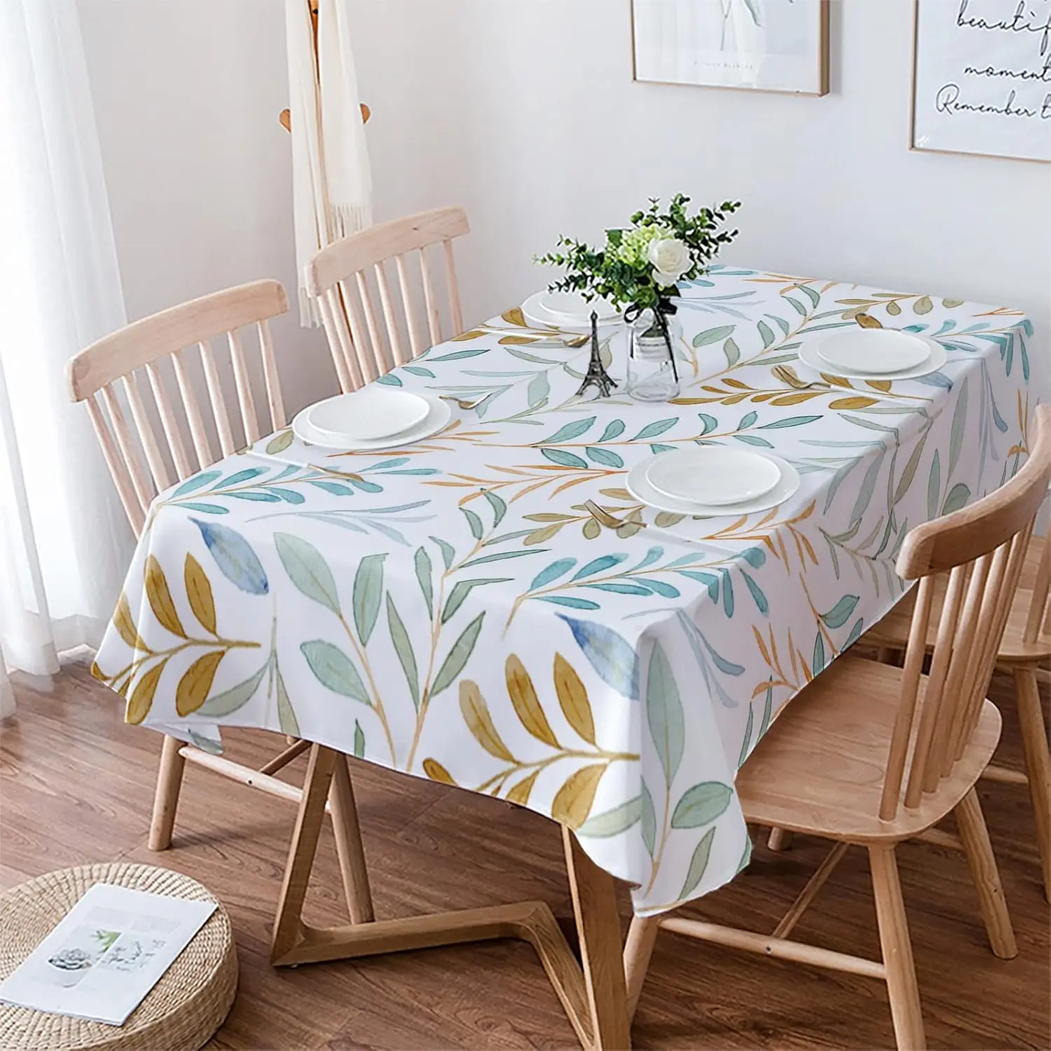 Summer Watercolor Leaves Rectangle Tablecloth for Table Decor Retro Green Plants Kitchen Dining Table Cloth Holiday Party Decor