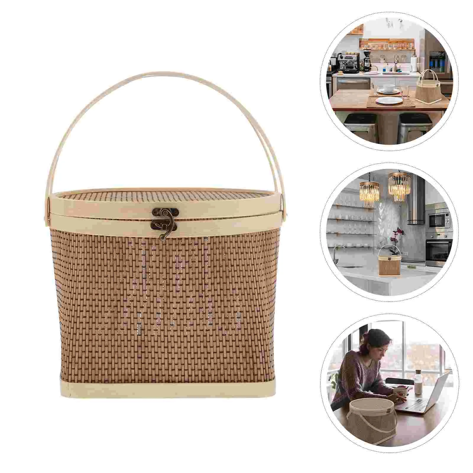 

Egg Basket with Handle Container Storage Bin Lid Crab Bamboo Fruits Picnic Portable