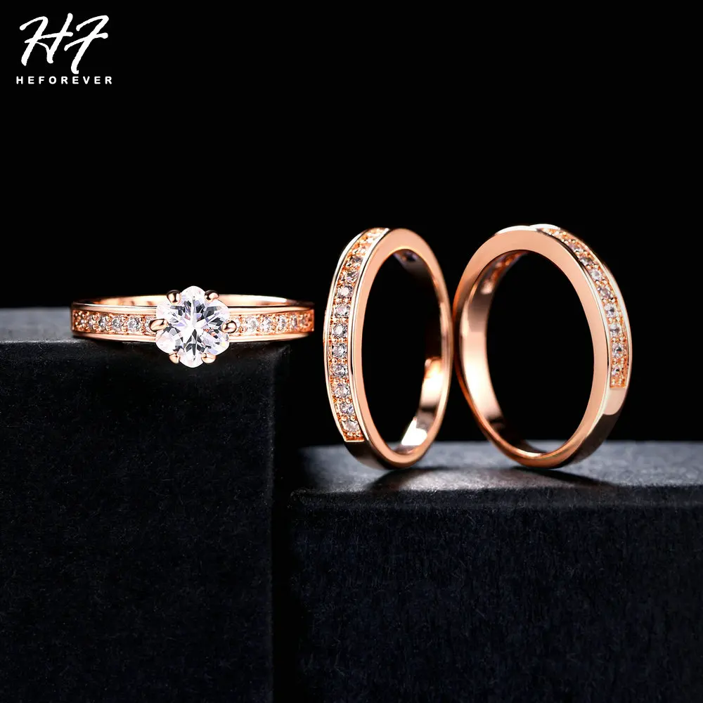 Classic 3 Round Engagement Ring Set for Women Rose Gold Color Jewelry Made with Genuine Austria Crystals Sizes HotSale R059