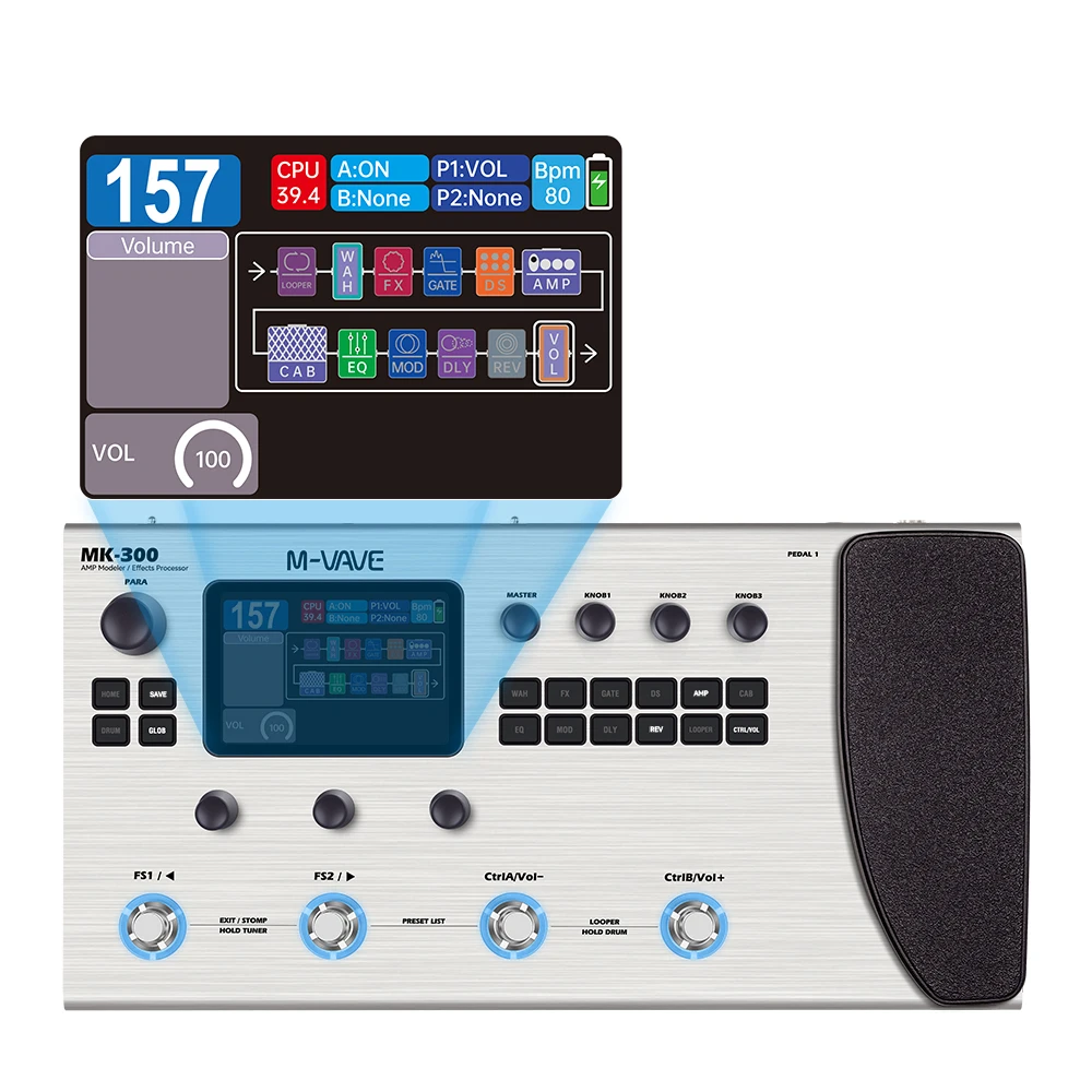 M-VAVE MK-300 Guitar Multi-Effect Processor - ANN Neural Modeling 120AMP 360FX 10h 150s StereoLooper 128 Drum MIDI DAW