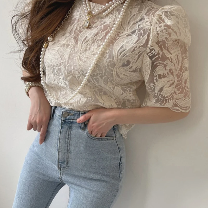 2023 Sexy Mesh Elegant Summer Shirts Korean See Through Embroidery Lace Blouse with Lining Two Piece Sets for Women Tops