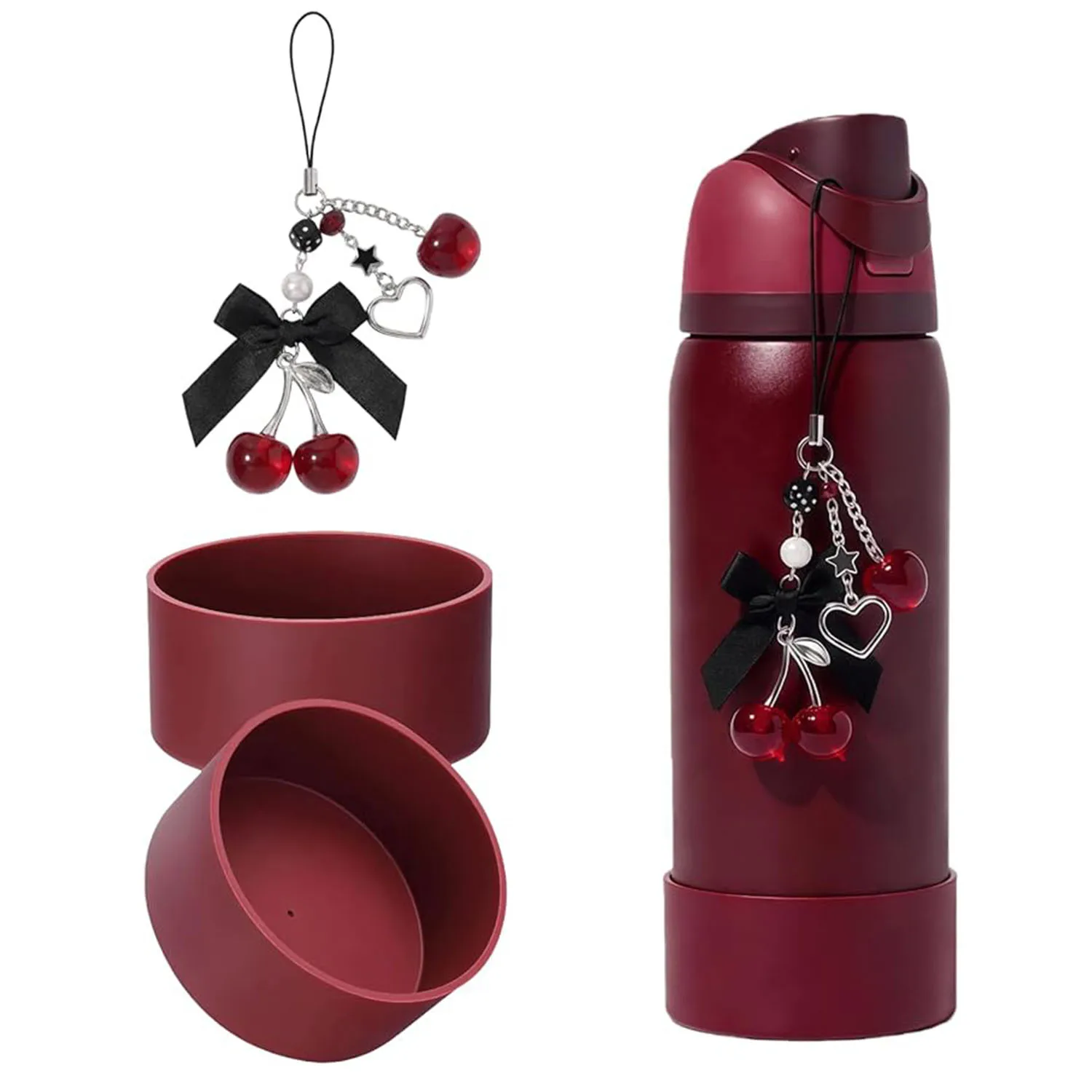 2PCS Black Cherry Charm Bow Silicone Boot for Owala 24 30 32 40oz 1pc Water Bottles Accessories Set Pendant for Owala Cup