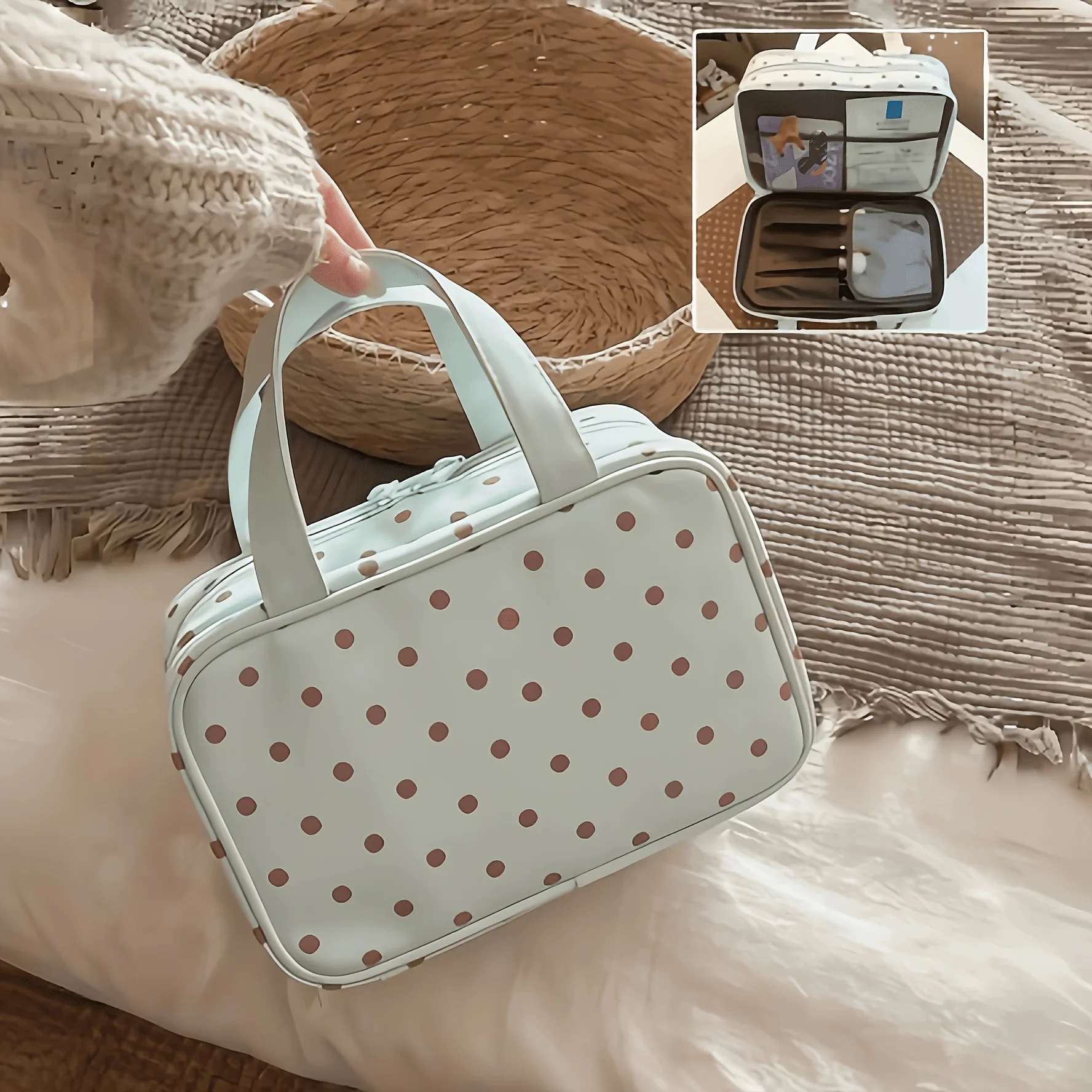 2026 New Polka Dot Pu Large Capacity Travel Toiletry Three Tier Multi Pocket Hanging Suitcase Organizer Handbag Sturdy Handle
