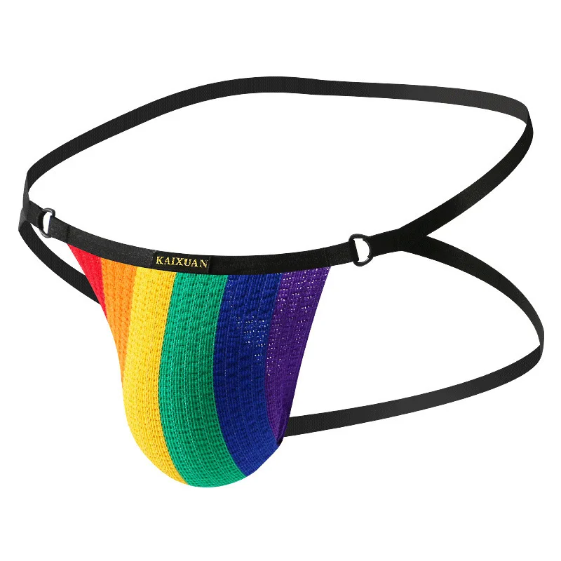 Rainbow Stripes Knitted Joockstrap for Men Sexy Low Waist U Convex Pouch Thong High Elastic Gays Erotic Open Buttocks Underpants