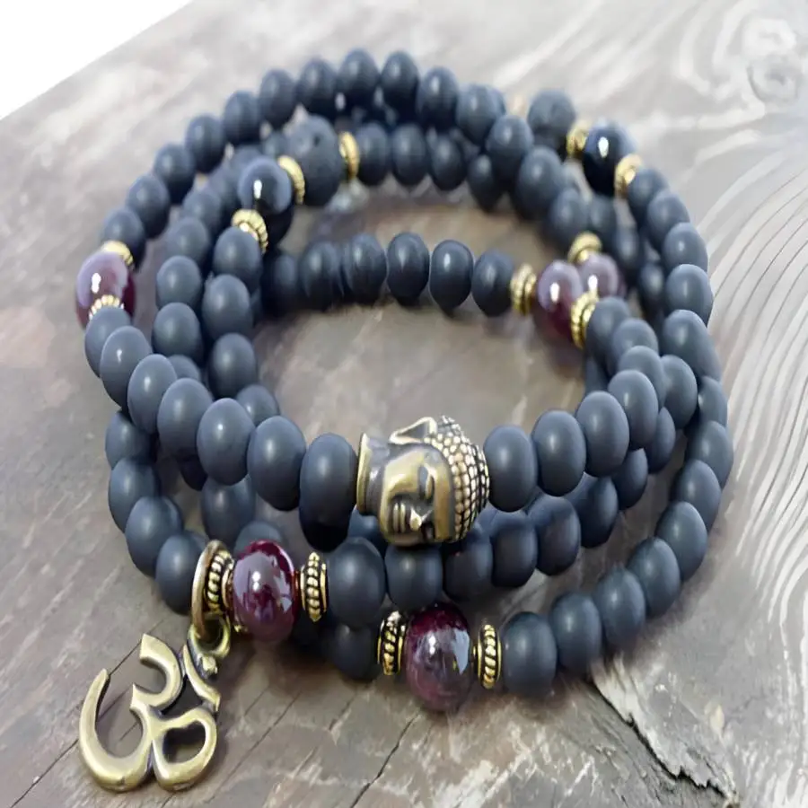 

6mm Obsidian Garnet Gemstone 108 Buddha Beads Mala Bracelet Hand Jewelry Men's Stone Japa Meditation Chaplet Zen Bohemian
