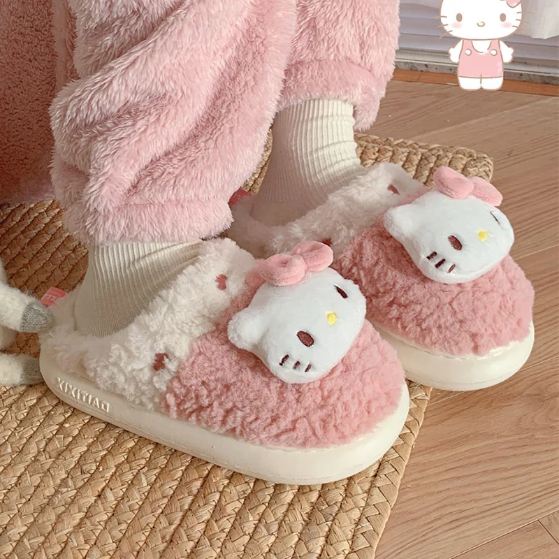 Sanrio kawaii Kuromi Cinnamoroll Hello Kitty zamszowe buty kapcie damskie do domu kapcie z bawełny ciepła zimowa dziewczyna Boże Narodzenie Gi