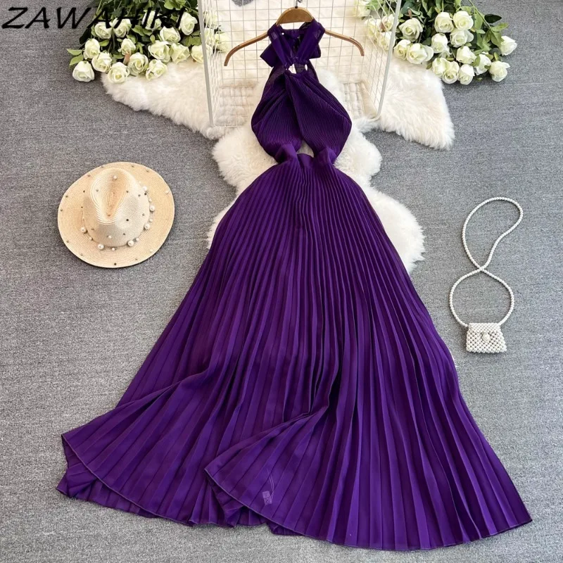 

Long Dresses for Holiday Temperament Halter Pleated Vestidos Hollow Out Office Lady Femme Robe Solid Korean Fashion Ropa Mujer