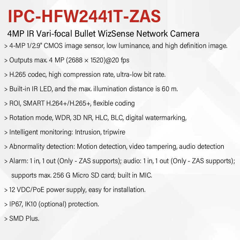 Dahua 4MP IR Vari-focal Bullet WizSense Network Camera HFW2441T-ZAS 2.7-13.5mm Lens With Alarm Audio Port Mic Night Vision 60m