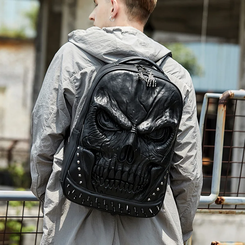 Men Backpack 3D Skull Steampunk Laptop Bag Women Large Capacity Travel-Bag Male Thick Leather Rivet Schoolbag  Teenagers Bagpack