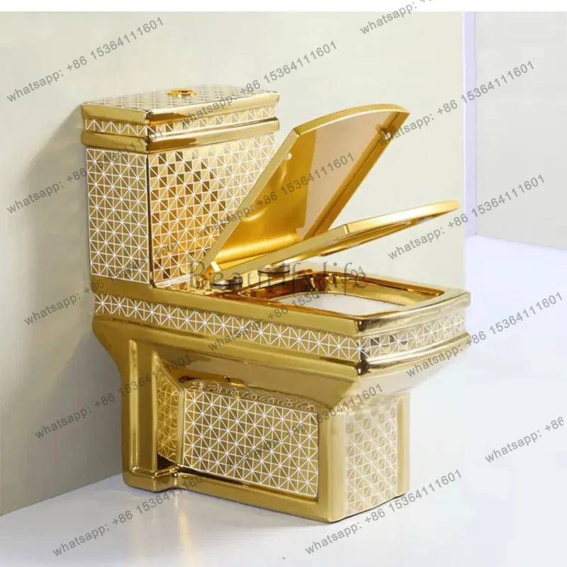 YJ Bathroom Luxury Ceramic Gold Plated Sanitary Ware Wc Toilet High Quality Square Shaped Golden Toilet Designer