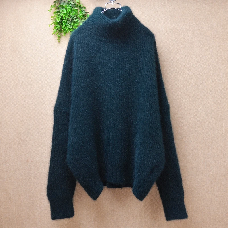 Female Women Fall Winter Clothing Hairy Plush MInk Cashmere Knitted Turtleneck Split Loose Pullover Angora Fur Jumper Sweater