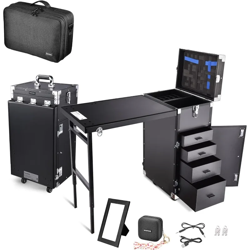 

Manicure Table with Makeup Bag Foldable Traveling Nail Desk Makeup Train Case Nail Art Workstation Cosmetic Trolley Storage