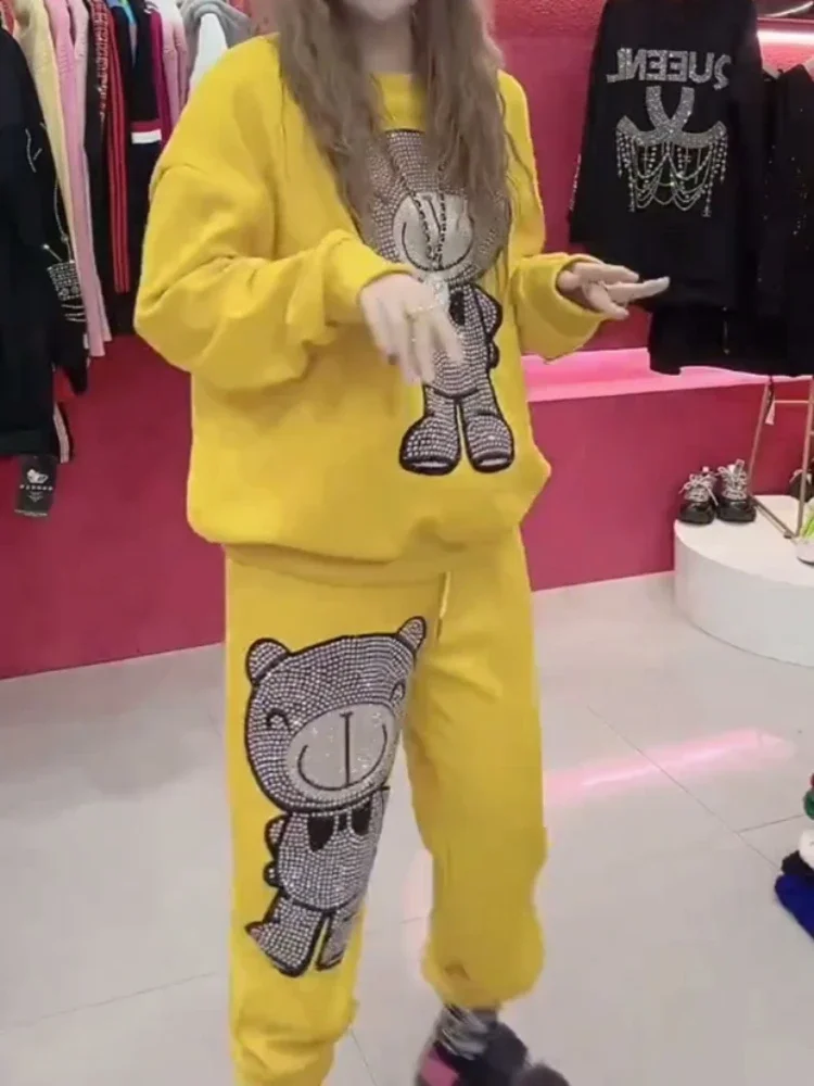 Ensembles de pantalons en biscuits de dessin animé jaune pour femmes, pull doublé sourire, pantalon de loisirs, imbibé, rapIndustry, adt, automne,