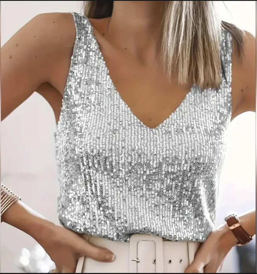 

Amazon Quicktrade foreign trade explosion models Europe and the United States sexy ladies sequins summer light mature sexy V-nec