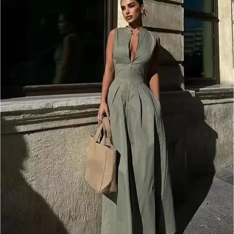 TRAF Damska sukienka bez rękawów Maxi Dress Women Pleated Zipper Party Dresses Fashion Slim Long Dresses Vacation Casual Dress Woman