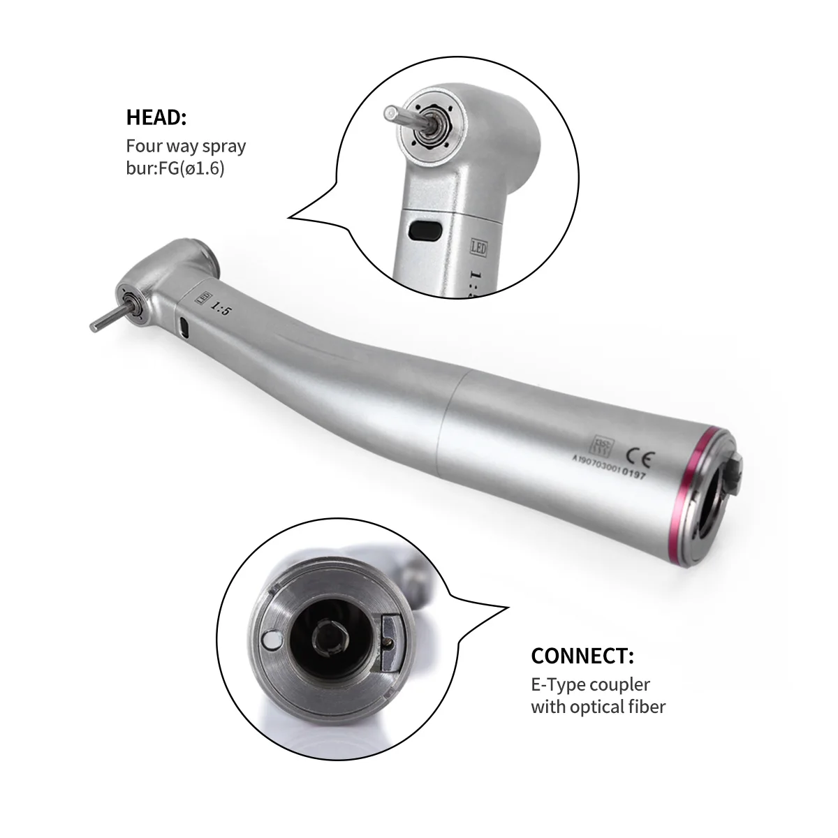 Dental Implant Increasing High Speed Handpiece Dentist Tips 1:5 Contra Angle Fiber Optic LED Four Water Spray E-Type Red Ring