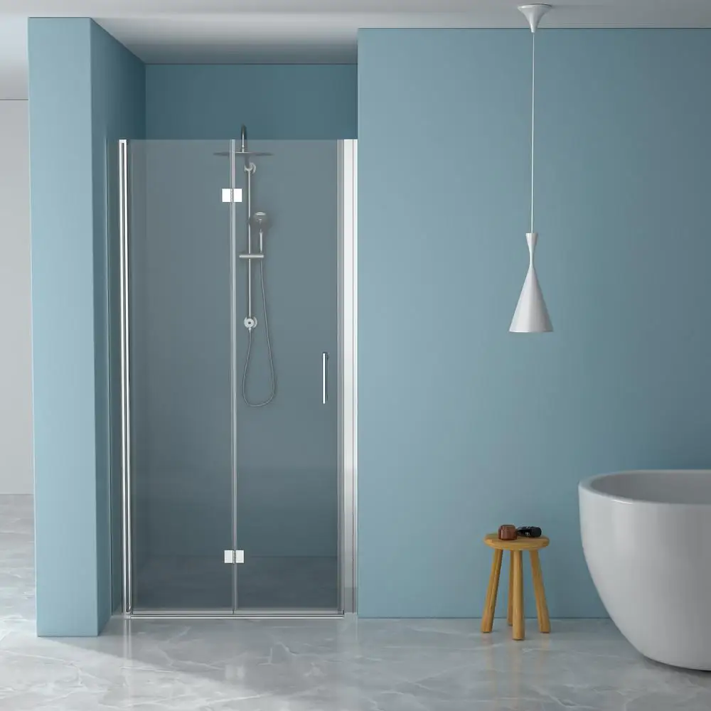 باب دش ثنائي الطي بدون إطار مقاس 32 بوصة عرض × 72 بوصة ارتفاع مع تصميم من الزجاج المقسى موفر للمساحة بلمسة نهائية من الكروم
