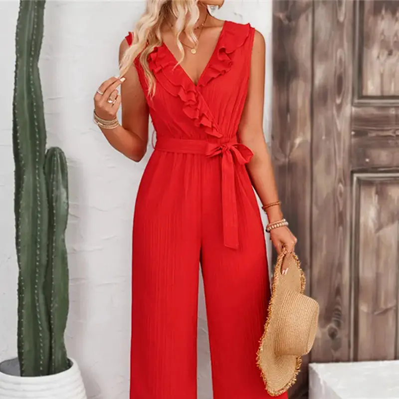 Women's Jacquard Striped Ruffle Edge Wide Leg Pants with Waist Belt Straight Tube Sleeveless Casual Pants and Women's Jumpsuit