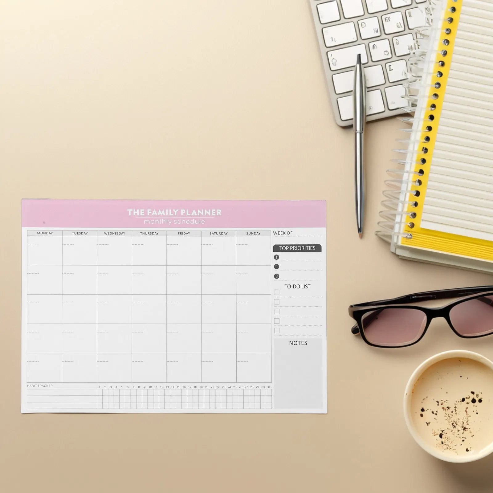 Monthly Planner Notepad Pink Elegant Layout Daily Weekly Productivity Schedule Organizer Office Task Reminder Student Teacher