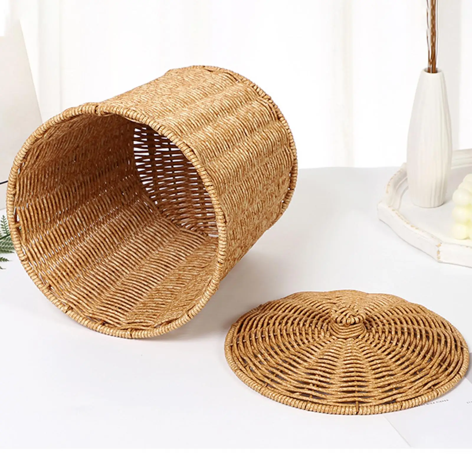 Imitation Rattan Basket with Lid Laundry Hamper Living Room Bedroom Woven Basket