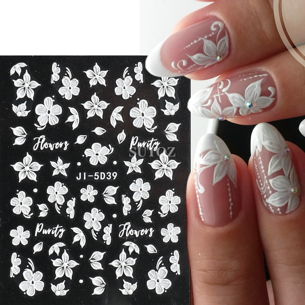 Embossed 5D Nail Stickers White Acrylic Flowers for Nails Cherry Blossom Decals Relief Sliders Gel Polish Manicure Wrap GLJI5D39