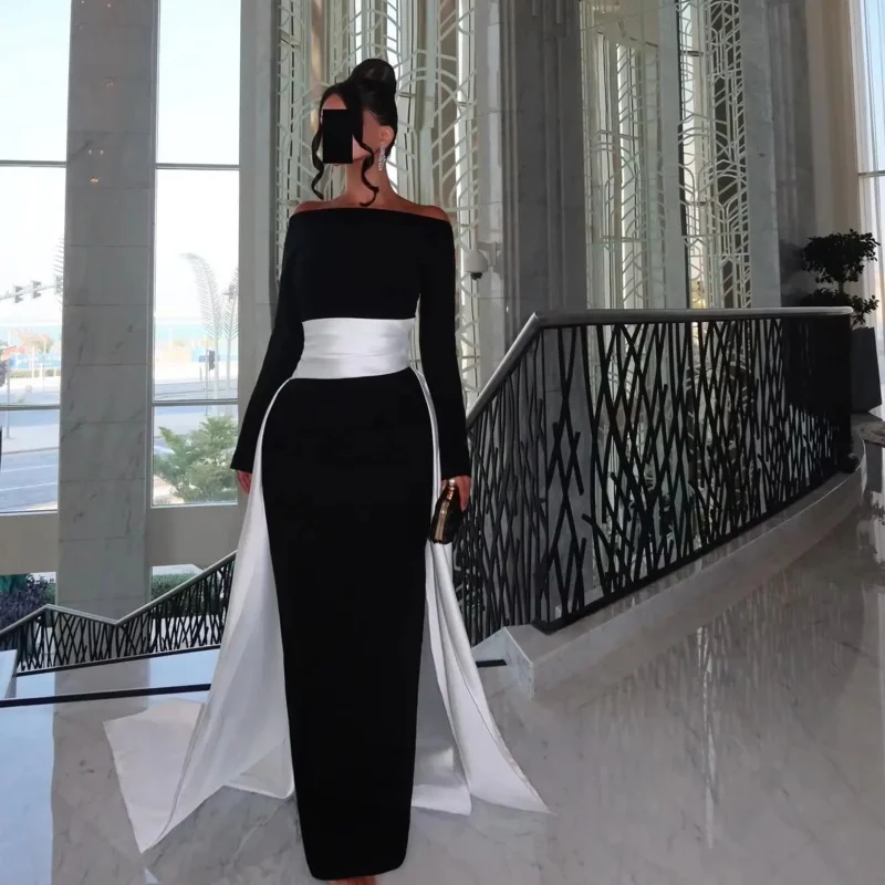 Indie Elegant Black Off Shoulder Prom Gown customized 2025 White Satin Party Evening Dress Floor Length Special Occasion Dresses