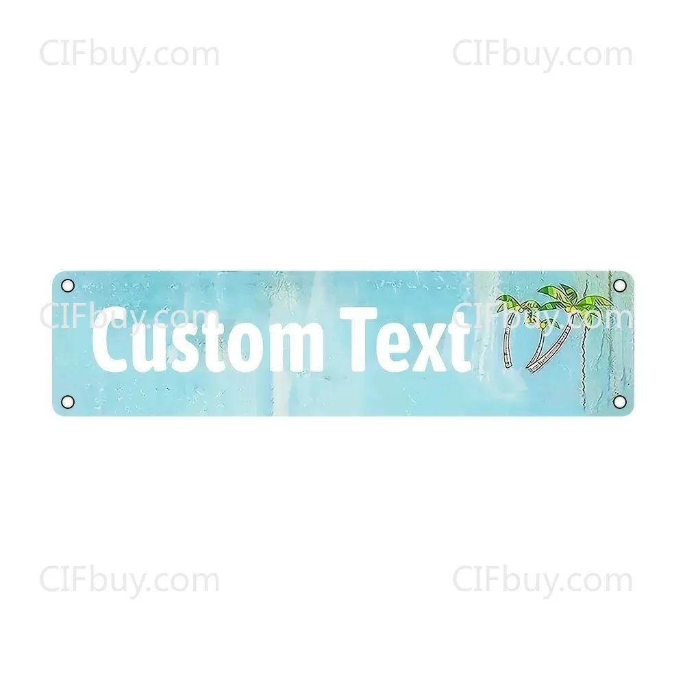 [2D Plano] Letrero Metálico Azul Personalizado con Palmera Tropical y Texto Personalizado para Decoración de Pared de Casa o Playa