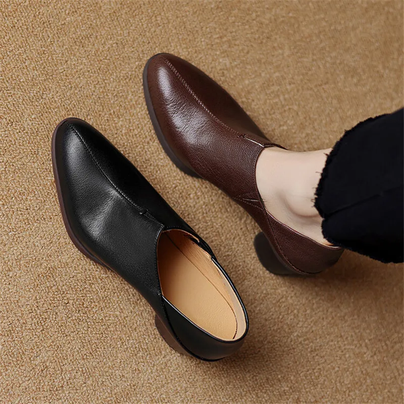 New Autumn Genuine Leather Women Shoes Fashion Round Toe Casual Shoes for Women Chunky Heel Shoes Women Pumps Zapatos De Mujer