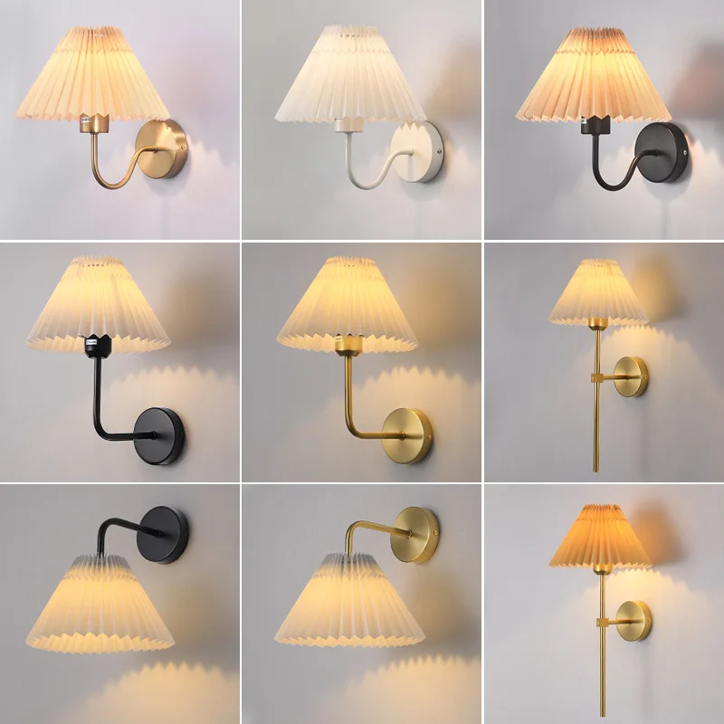 

Indoor Decor Antique Farmhouse Wall Light Nordic Pleated E27 Led Wall Mounted Lamp Fabric Lampshade Wall Lamp for Bed or Reading