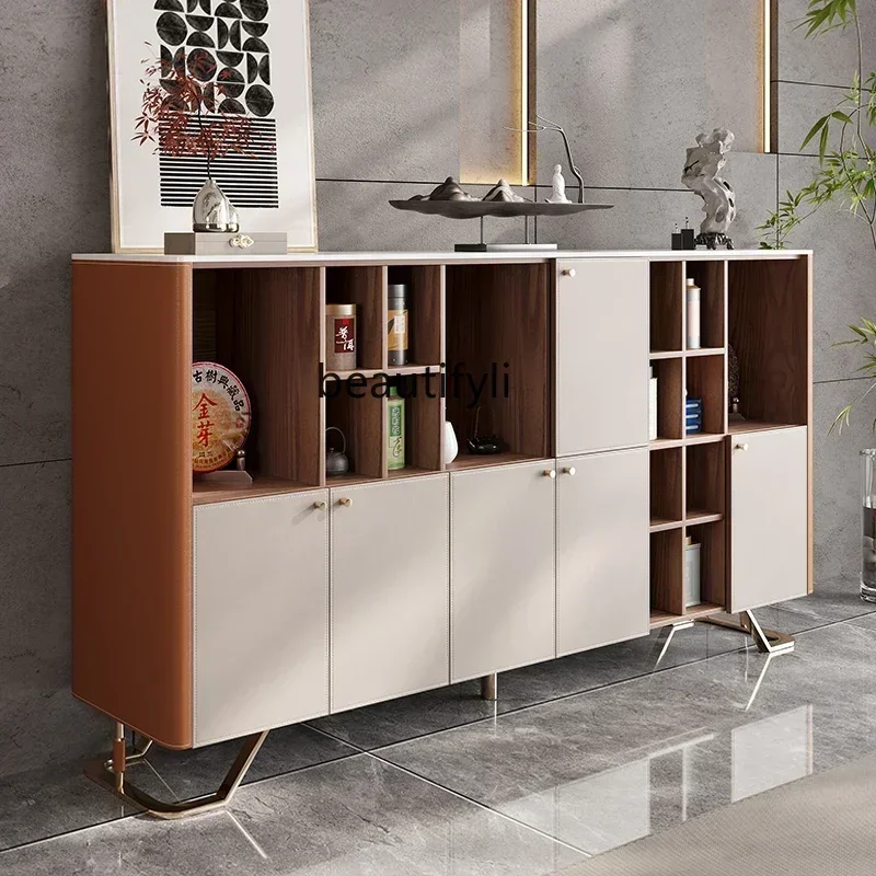 M182  Minimalist tea cabinet against the wall Meal side locker Solid wood storage Saddle leather tea cabinet