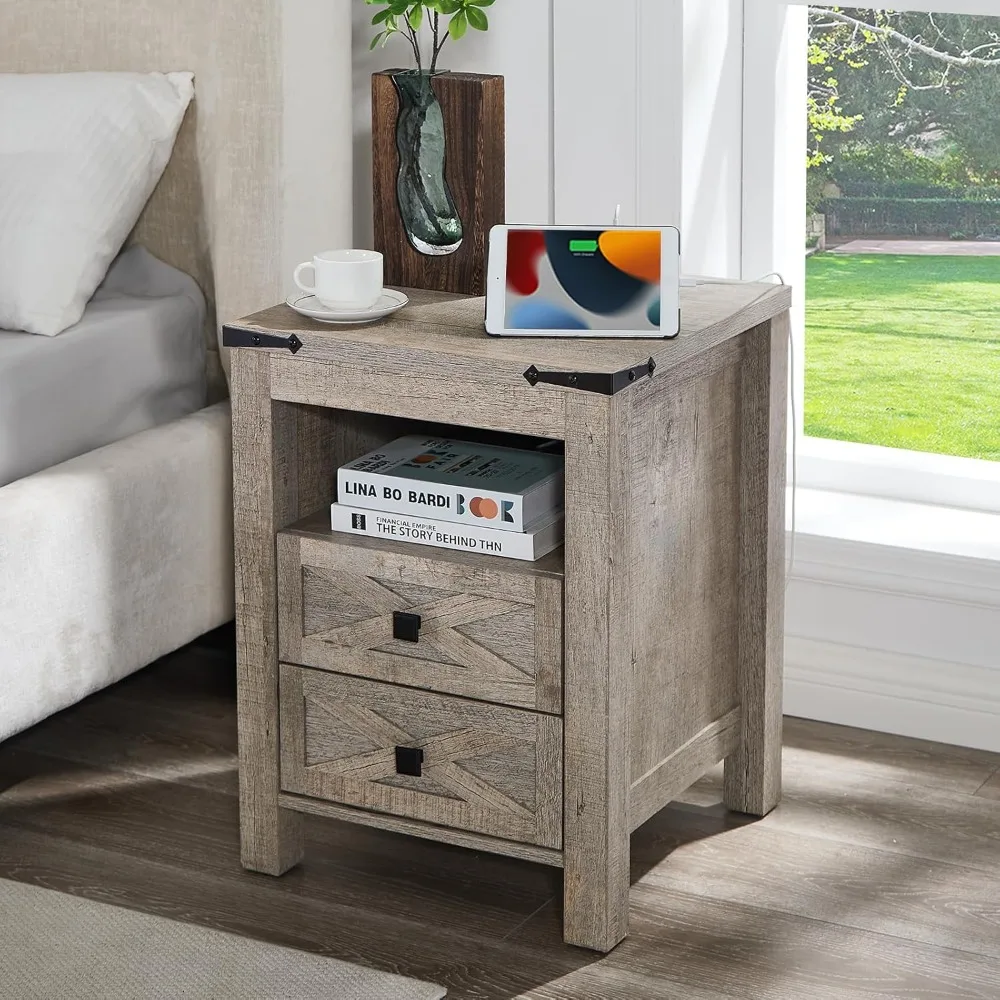 

Nightstand with Charging Station, 2 Drawers End Table, 18 Wood Side Table, Farmhouse Bedside Table with Storage Shelf, Bedroom