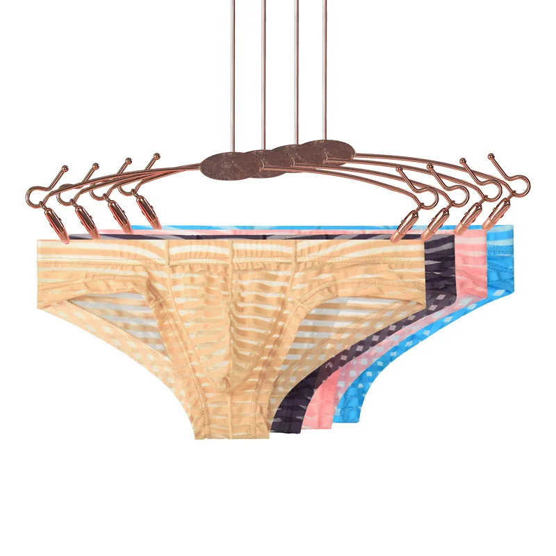 Sexy Super Thin Men Transparent Striped Mesh Underwear Low Waist Breathable Man Briefs Bikini Panties Shorts