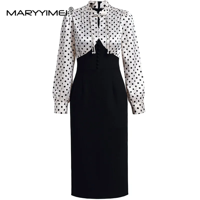 MARYYIMEI Fashion Women's 2024 Spring New Chinese-Style Stand-Up Collar Patchwork Polka Dot Printed Fake Two Pieces Pencil Dress