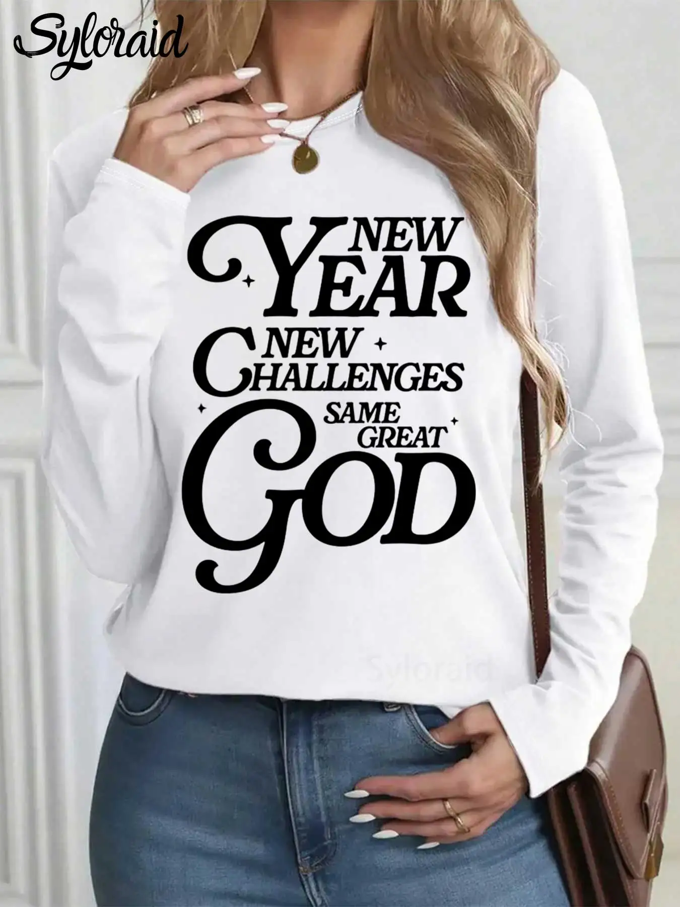 Women's Long Sleeve T Shirt "New Year New Challenges" Christian Print T Shirt Fashion Round Neck Casual Top