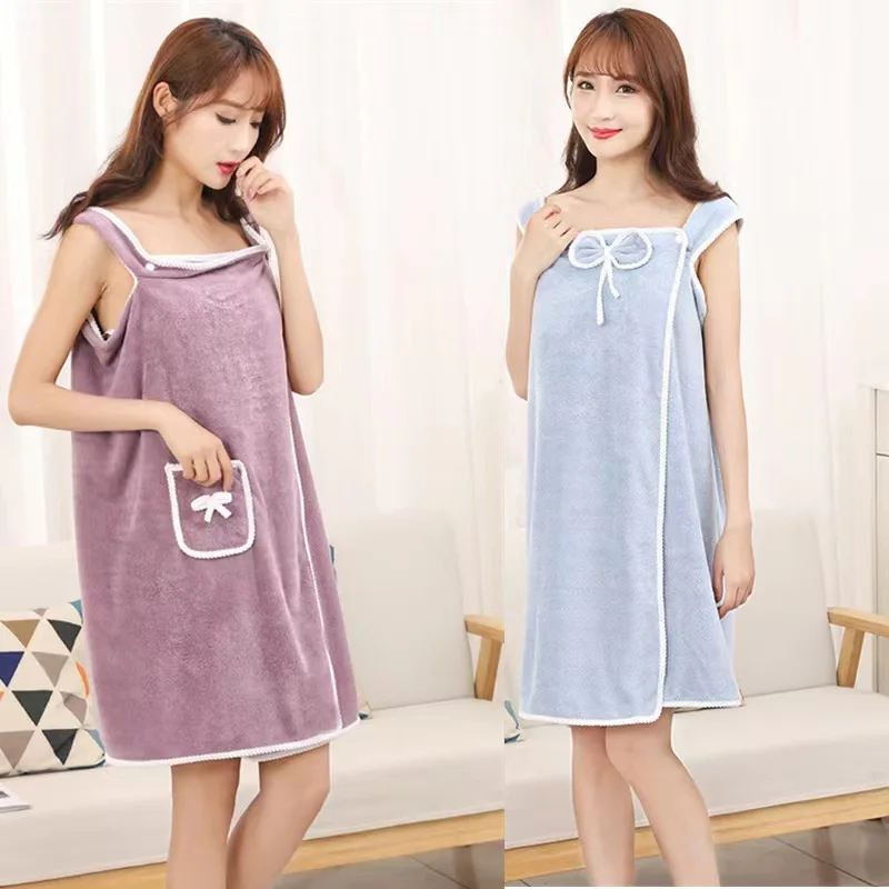 WoWearable Bath Towel for Women Thickened Wearable Bath Towel with Bow-knot Detail Functional Pockets Adjustable Strap Design