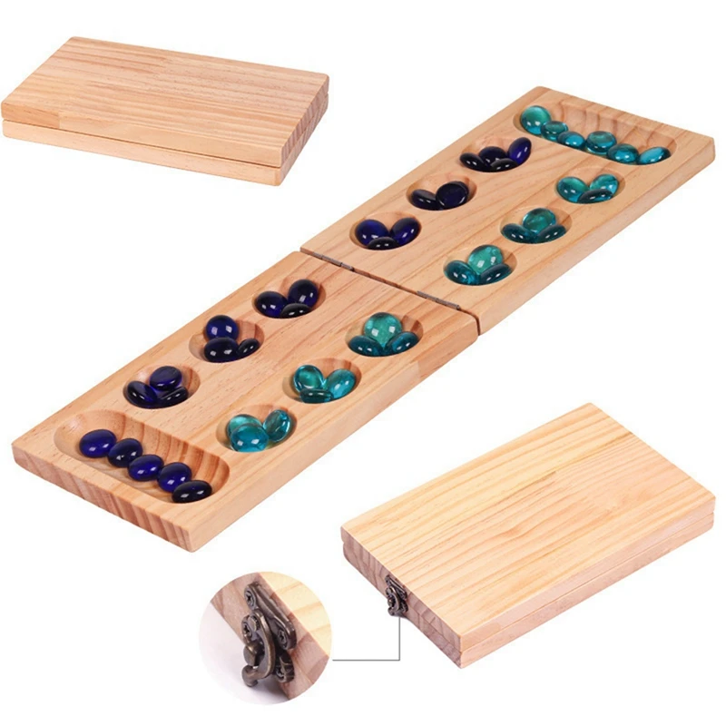 Foldable Wooden Mancala Board Game For Ages 7+ Multi-Color Beads Classic Strategy Game For Family, Party, And Travel