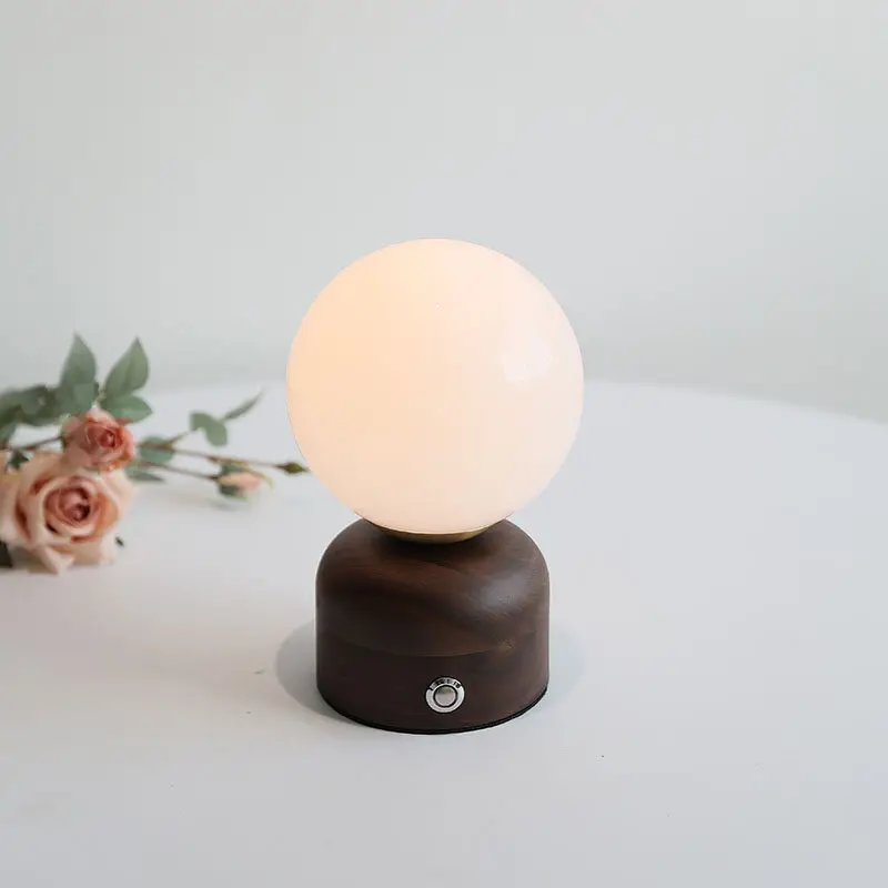 

Charging Touch Dimming Walnut Table Lamp Living Room Bedroom Bedside Study Restaurant Bar Counter Creative Glass Ball Desk Light