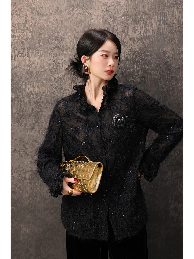 

New Chinese Sle irt Dangdang Somes Muse Mid-century Lace Collar Wooden Plaet Elastic Waist Long Sve Women's Car...